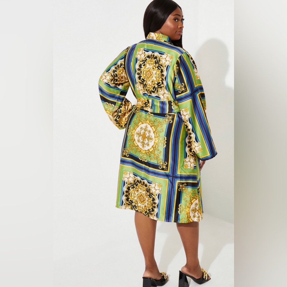 Scarf Print Satin Faux Wrap Dress